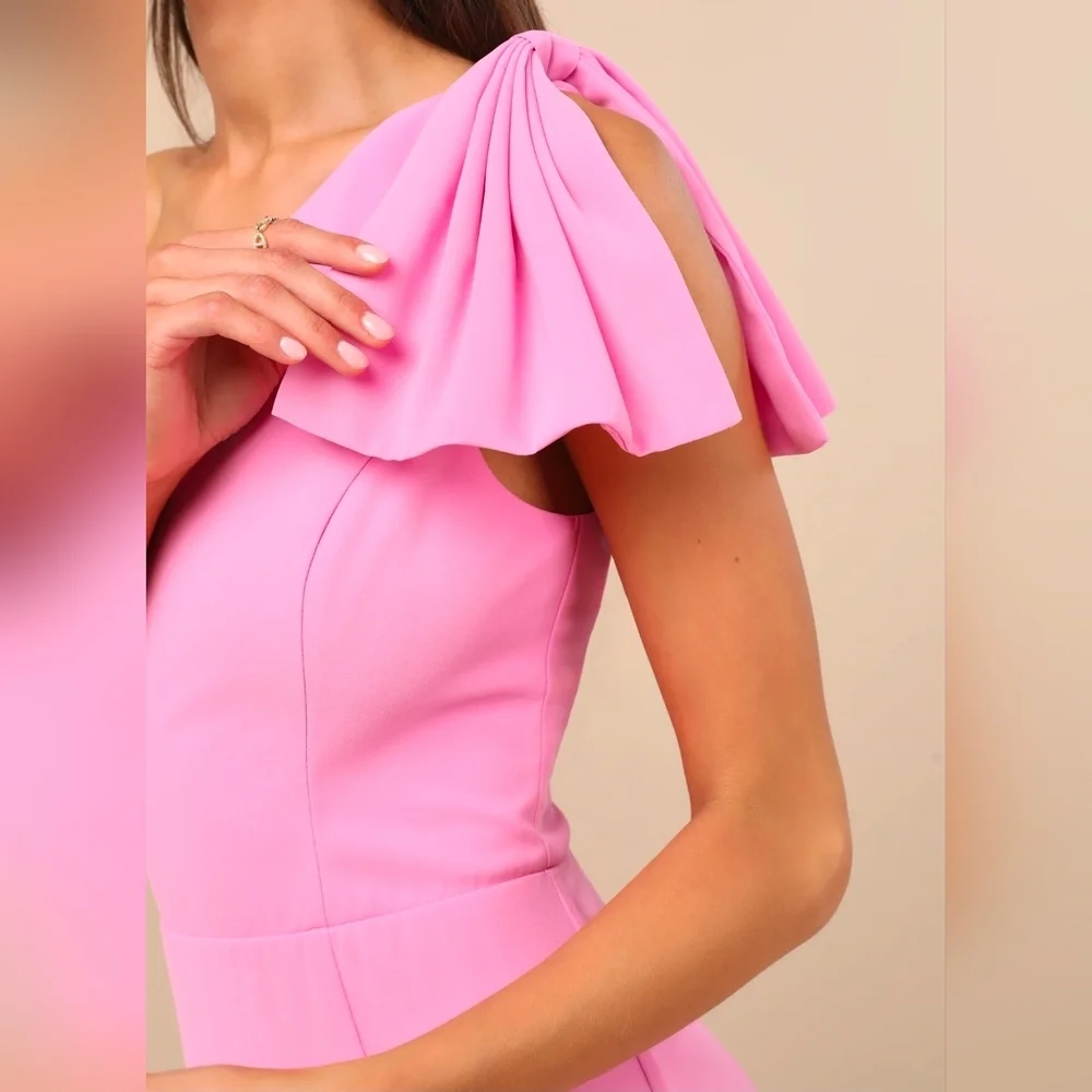 Lulus 3X Simply Brilliant Pink One-Shoulder Bow Maxi Dress, Size 3X
